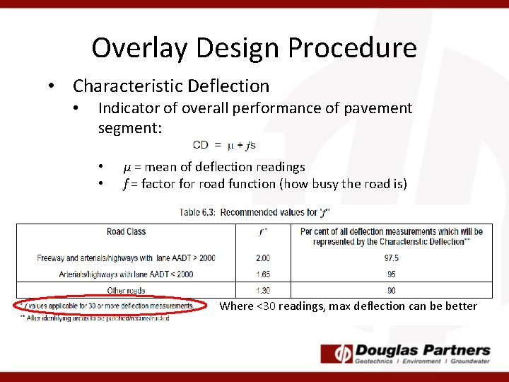 Overlay Design Procedure • Characteristic Deflection • Indicator of overall performance of pavement segment: