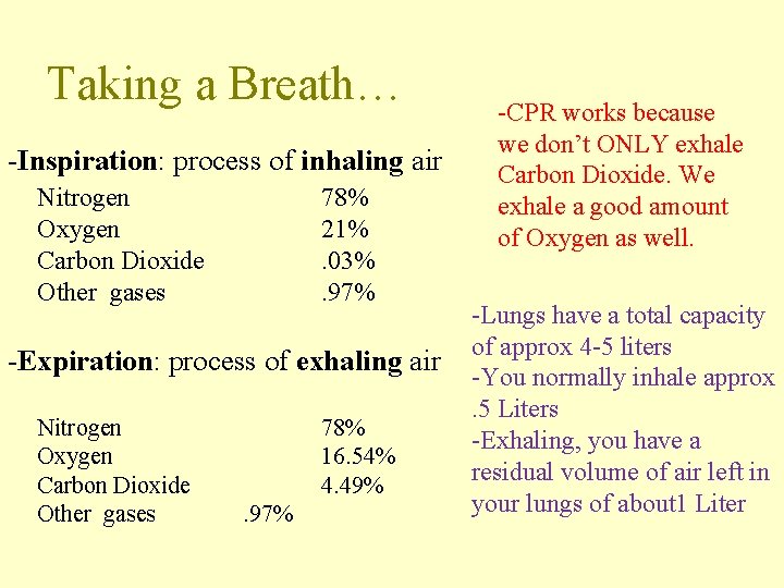 Taking a Breath… -Inspiration: process of inhaling air Nitrogen Oxygen Carbon Dioxide Other gases