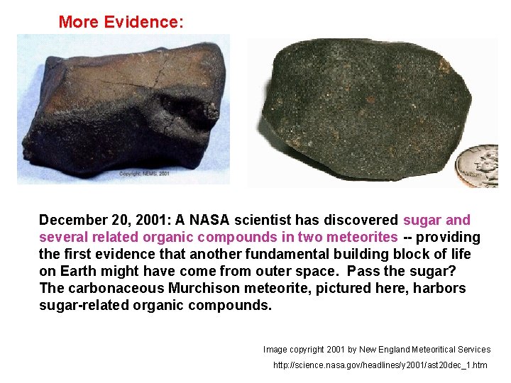 More Evidence: December 20, 2001: A NASA scientist has discovered sugar and several related