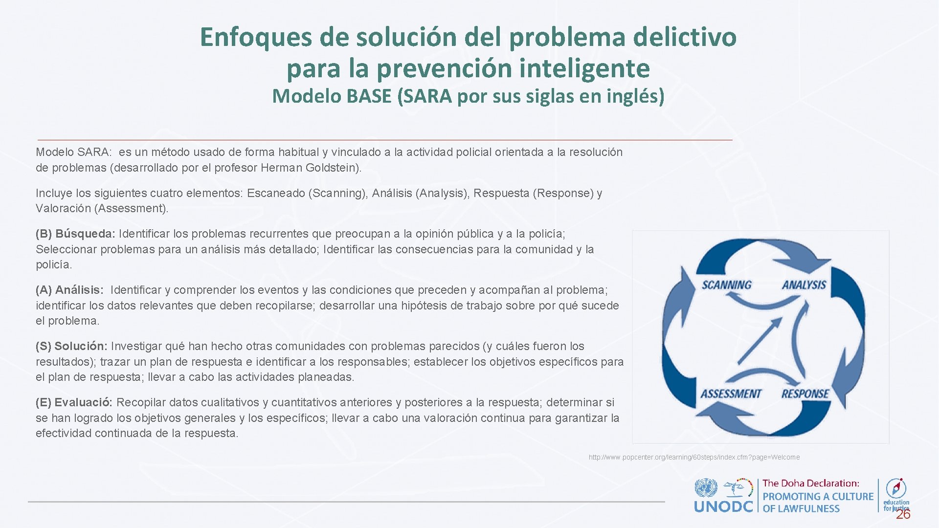 Enfoques de solución del problema delictivo para la prevención inteligente Modelo BASE (SARA por