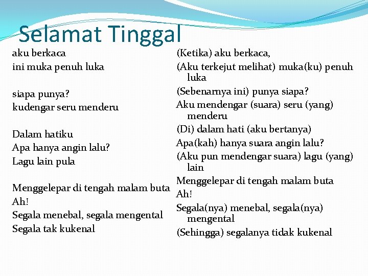 Selamat Tinggal aku berkaca ini muka penuh luka (Ketika) aku berkaca, (Aku terkejut melihat)