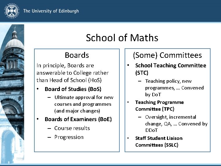 School of Maths (Some) Committees Boards In principle, Boards are answerable to College rather