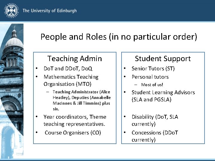 People and Roles (in no particular order) Teaching Admin • Do. T and DDo.