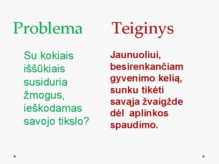 Problema Su kokiais iššūkiais susiduria žmogus, ieškodamas savojo tikslo? Teiginys Jaunuoliui, besirenkančiam gyvenimo kelią,