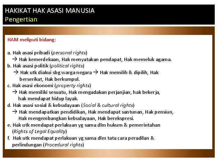 HAKIKAT HAK ASASI MANUSIA Pengertian HAM meliputi bidang: a. Hak asasi pribadi (personal rights)