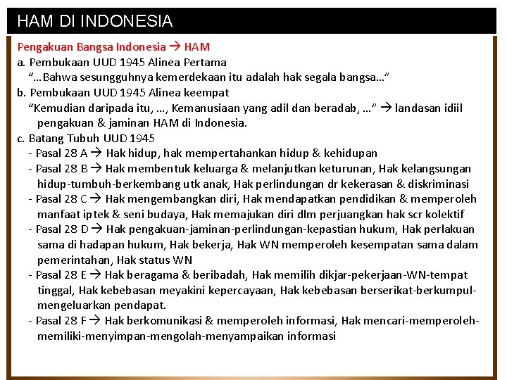 HAM DI INDONESIA Pengakuan Bangsa Indonesia HAM a. Pembukaan UUD 1945 Alinea Pertama “…Bahwa