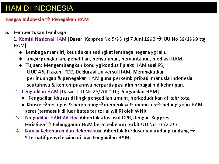 HAM DI INDONESIA Bangsa Indonesia Penegakan HAM a. Pembentukan Lembaga 1. Komisi Nasional HAM