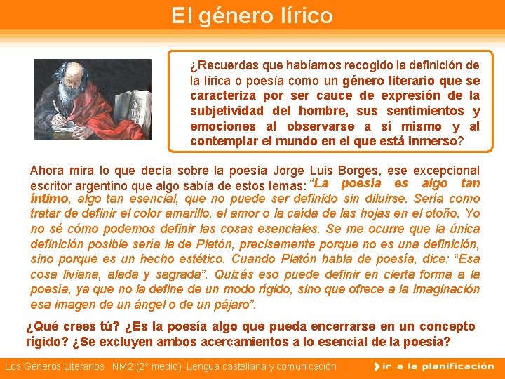 El género lírico ¿Recuerdas que habíamos recogido la definición de la lírica o poesía