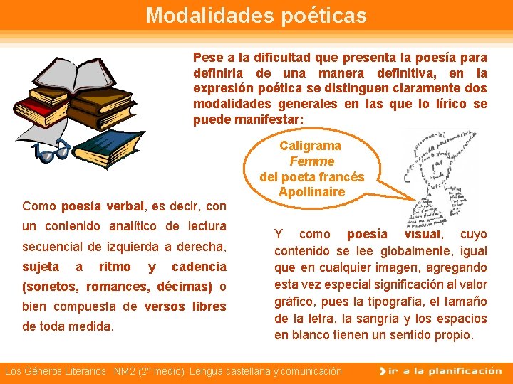 Modalidades poéticas Pese a la dificultad que presenta la poesía para definirla de una