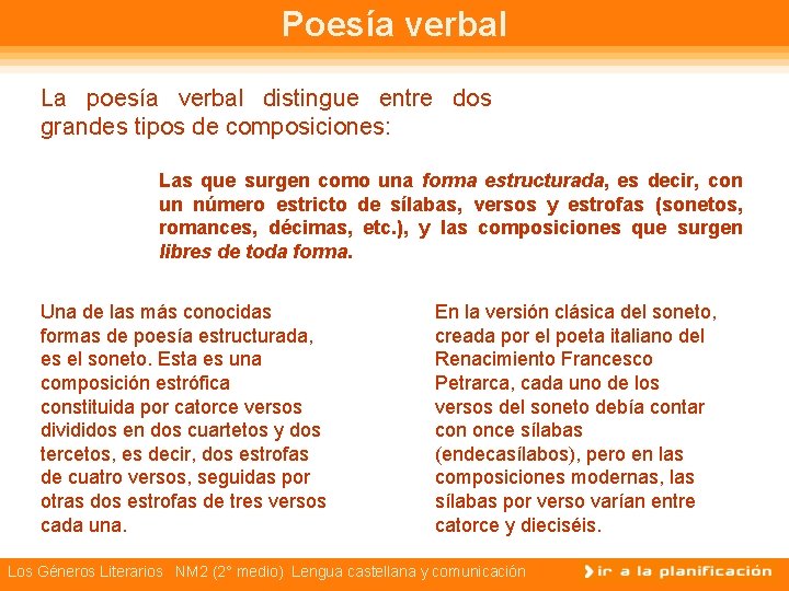 Poesía verbal La poesía verbal distingue entre dos grandes tipos de composiciones: Las que