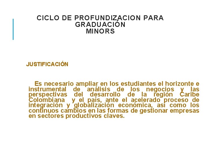 CICLO DE PROFUNDIZACION PARA GRADUACIÓN MINORS JUSTIFICACIÓN Es necesario ampliar en los estudiantes el