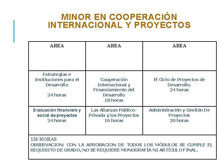 MINOR EN COOPERACIÓN INTERNACIONAL Y PROYECTOS AREA Estrategias e Instituciones para el Desarrollo 24