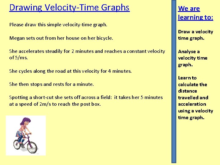 Drawing Velocity-Time Graphs Please draw this simple velocity-time graph. Megan sets out from her