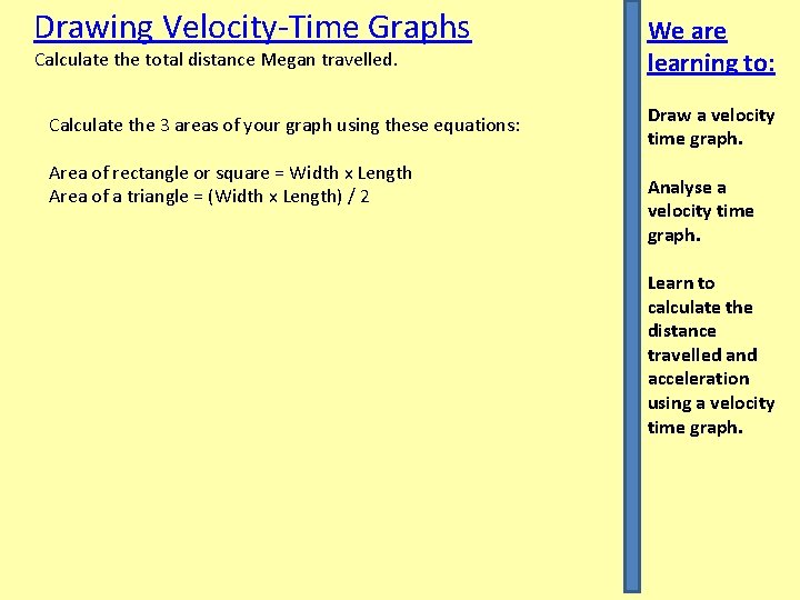 Drawing Velocity-Time Graphs Calculate the total distance Megan travelled. Calculate the 3 areas of