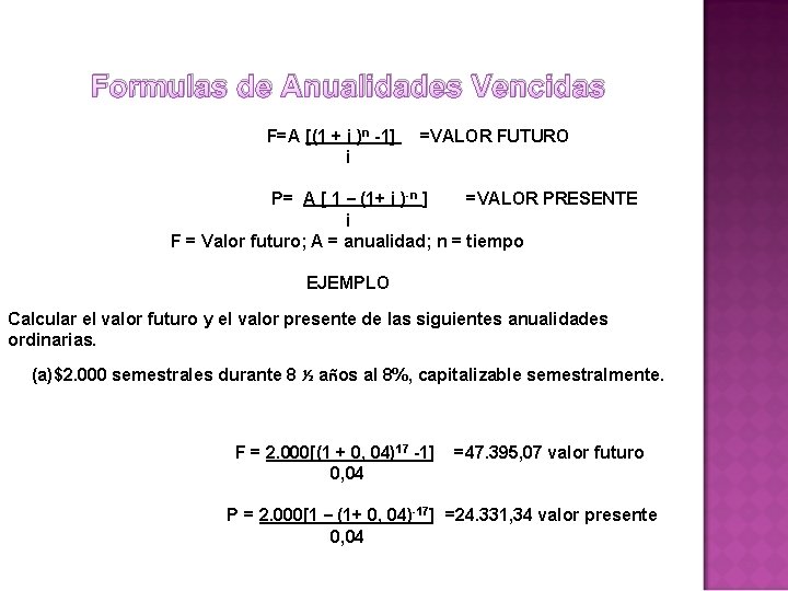 Formulas de Anualidades Vencidas F=A [(1 + i )n -1] i =VALOR FUTURO P=