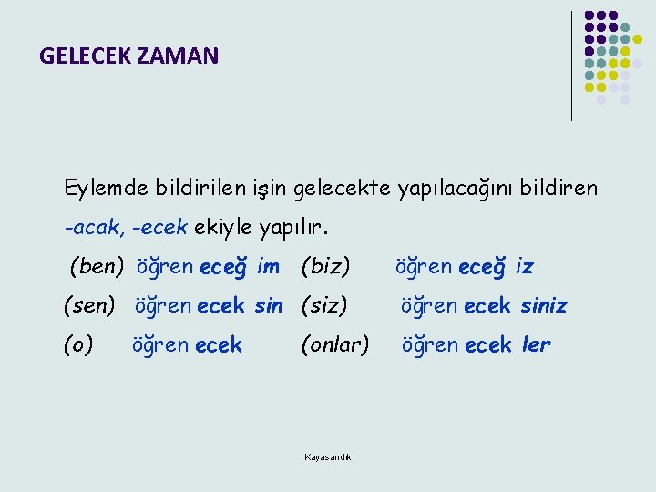 GELECEK ZAMAN Eylemde bildirilen işin gelecekte yapılacağını bildiren -acak, -ecek ekiyle yapılır. (ben) öğren