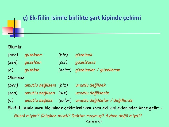 ç) Ek-fiilin isimle birlikte şart kipinde çekimi Olumlu: (ben) güzelsem (biz) güzelsek (sen) güzelsen