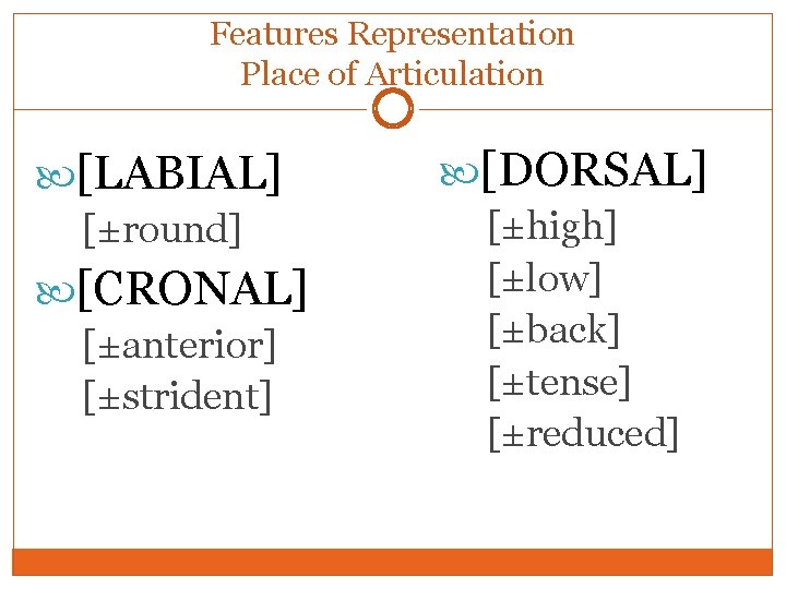 Features Representation Place of Articulation [LABIAL] [±round] [CRONAL] [±anterior] [±strident] [DORSAL] [±high] [±low] [±back]
