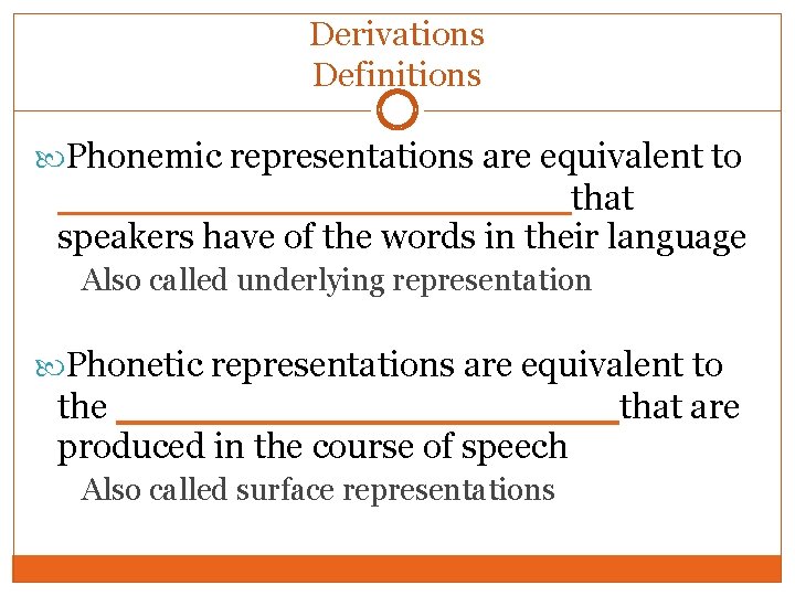 Derivations Definitions Phonemic representations are equivalent to _________ that speakers have of the words Derivations Definitions Phonemic representations are equivalent to _________ that speakers have of the words