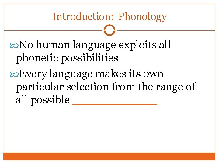 Introduction: Phonology No human language exploits all phonetic possibilities Every language makes its own Introduction: Phonology No human language exploits all phonetic possibilities Every language makes its own