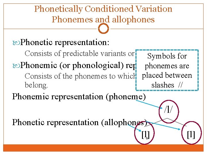 Phonetically Conditioned Variation Phonemes and allophones Phonetic representation: Consists of predictable variants or allophones Phonetically Conditioned Variation Phonemes and allophones Phonetic representation: Consists of predictable variants or allophones