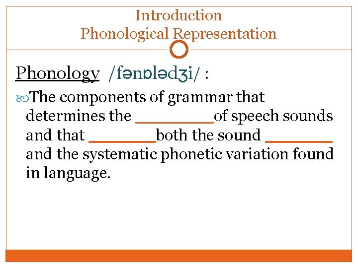 Introduction Phonological Representation Phonology /fənɒlədʒi/ : The components of grammar that determines the _______of Introduction Phonological Representation Phonology /fənɒlədʒi/ : The components of grammar that determines the _______of