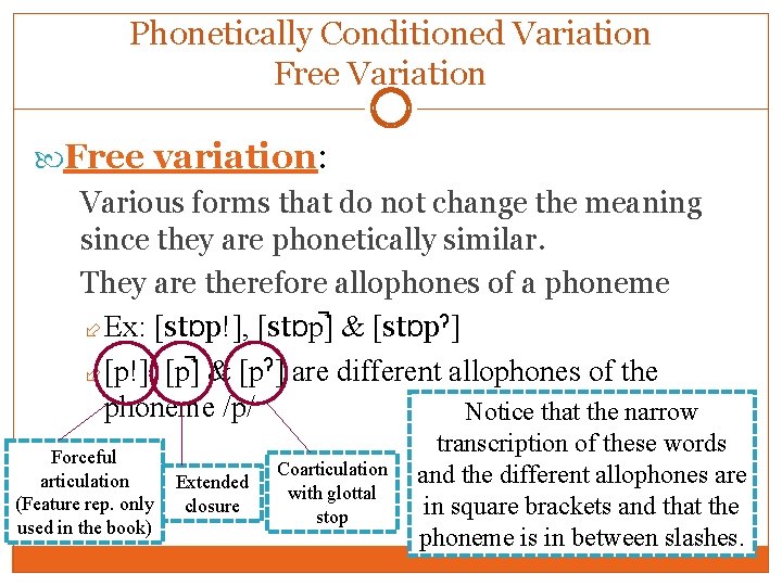 Phonetically Conditioned Variation Free variation: Various forms that do not change the meaning since Phonetically Conditioned Variation Free variation: Various forms that do not change the meaning since