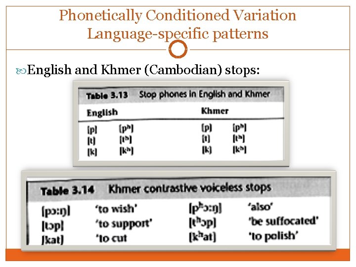 Phonetically Conditioned Variation Language-specific patterns English and Khmer (Cambodian) stops: Phonetically Conditioned Variation Language-specific patterns English and Khmer (Cambodian) stops: