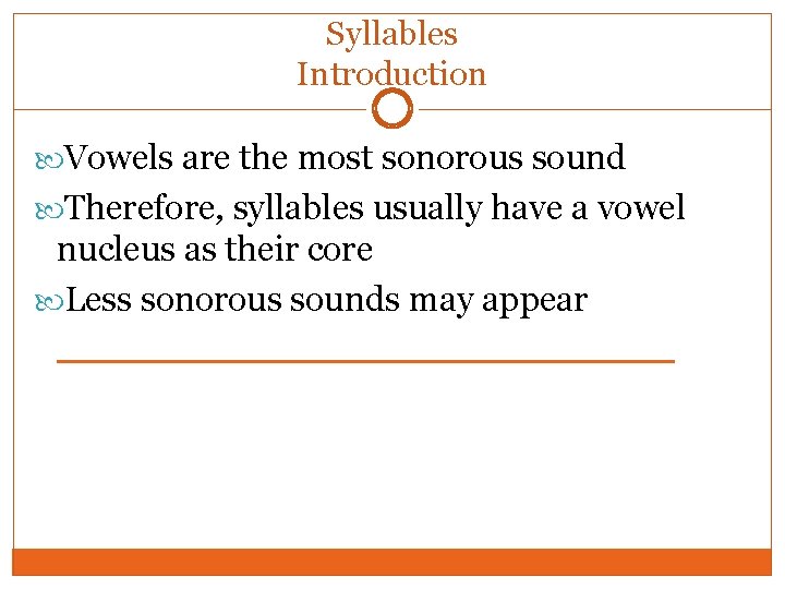 Syllables Introduction Vowels are the most sonorous sound Therefore, syllables usually have a vowel Syllables Introduction Vowels are the most sonorous sound Therefore, syllables usually have a vowel
