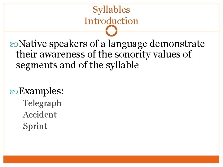 Syllables Introduction Native speakers of a language demonstrate their awareness of the sonority values Syllables Introduction Native speakers of a language demonstrate their awareness of the sonority values
