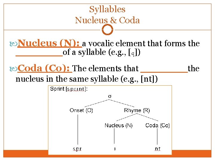 Syllables Nucleus & Coda Nucleus (N): a vocalic element that forms the _______of a Syllables Nucleus & Coda Nucleus (N): a vocalic element that forms the _______of a