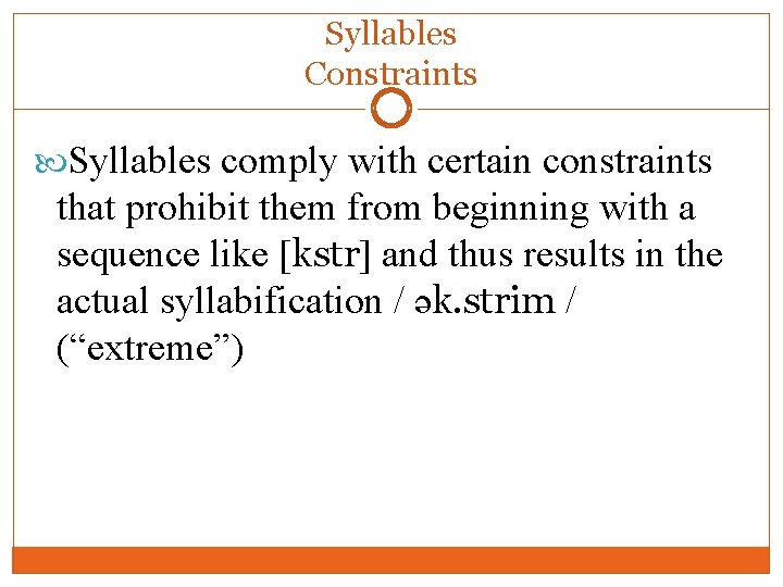 Syllables Constraints Syllables comply with certain constraints that prohibit them from beginning with a Syllables Constraints Syllables comply with certain constraints that prohibit them from beginning with a