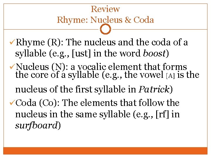 Review Rhyme: Nucleus & Coda üRhyme (R): The nucleus and the coda of a Review Rhyme: Nucleus & Coda üRhyme (R): The nucleus and the coda of a