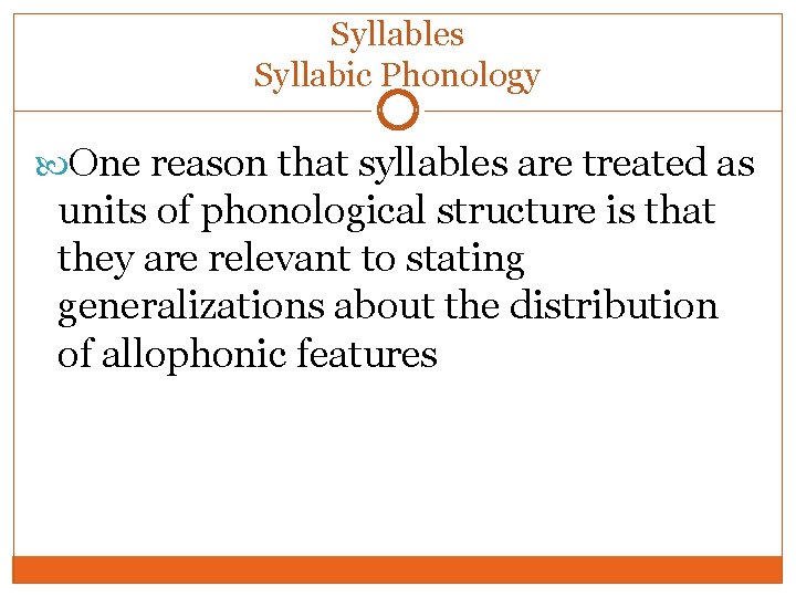 Syllables Syllabic Phonology One reason that syllables are treated as units of phonological structure Syllables Syllabic Phonology One reason that syllables are treated as units of phonological structure