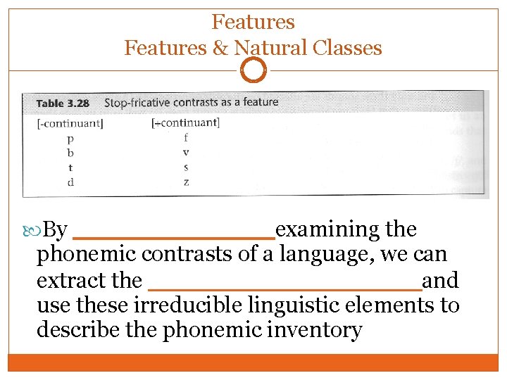 Features & Natural Classes By ______ examining the phonemic contrasts of a language, we Features & Natural Classes By ______ examining the phonemic contrasts of a language, we