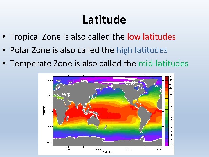 Latitude • Tropical Zone is also called the low latitudes • Polar Zone is