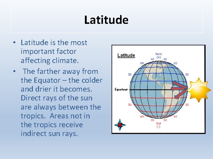Latitude • Latitude is the most important factor affecting climate. • The farther away