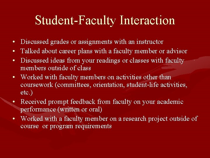 Student-Faculty Interaction • Discussed grades or assignments with an instructor • Talked about career