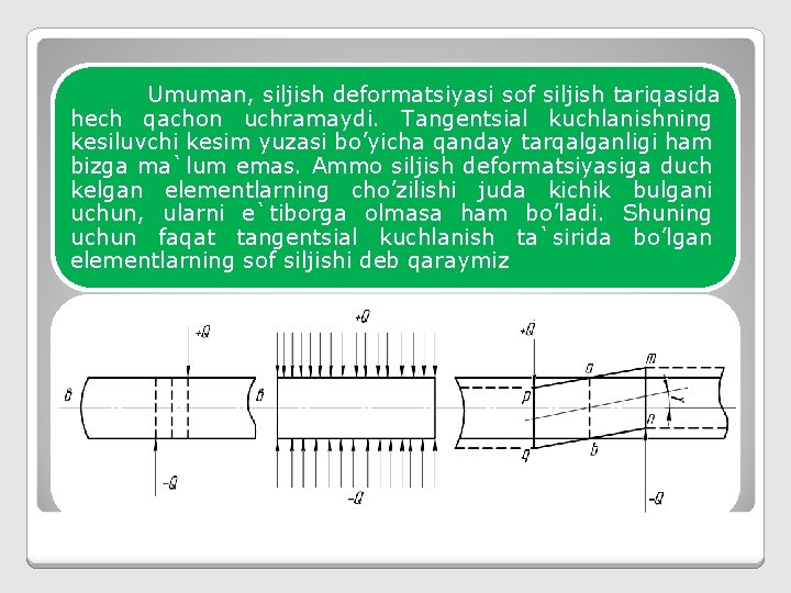 Umuman, siljish defоrmatsiyasi sоf siljish tariqasida hech qachоn uchramaydi. Tangentsial kuchlanishning kesiluvchi kesim yuzasi
