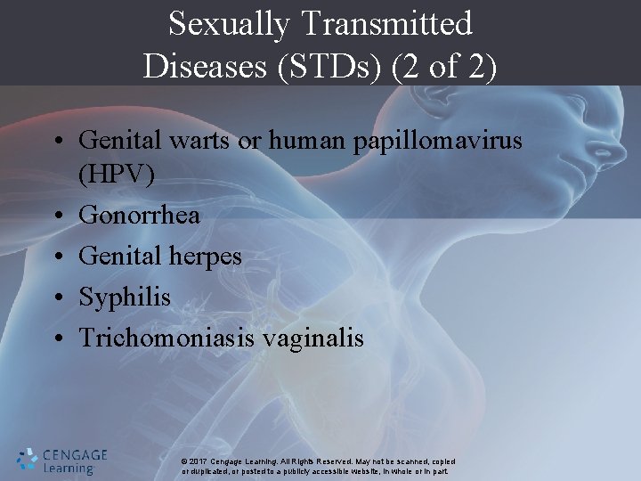 Sexually Transmitted Diseases (STDs) (2 of 2) • Genital warts or human papillomavirus (HPV)