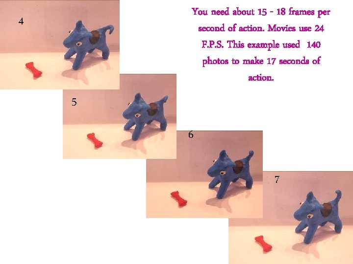 You need about 15 - 18 frames per second of action. Movies use 24 You need about 15 - 18 frames per second of action. Movies use 24