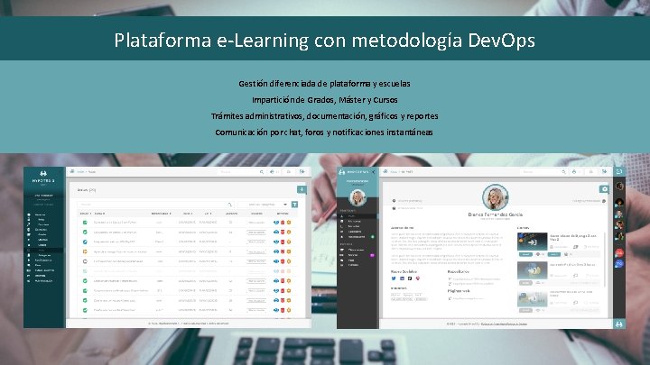 Plataforma e-Learning con metodología Dev. Ops Gestión diferenciada de plataforma y escuelas Impartición de