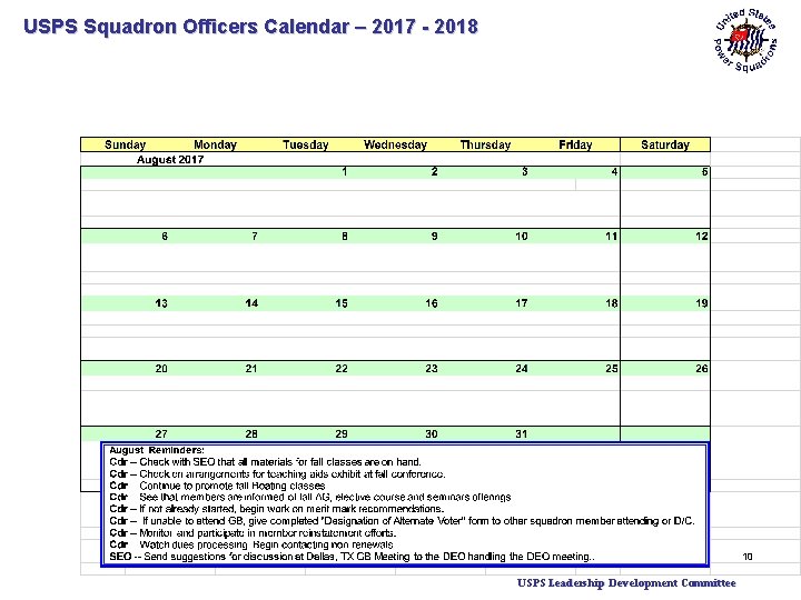 USPS Squadron Officers Calendar – 2017 - 2018 10 USPS Leadership Development Committee 