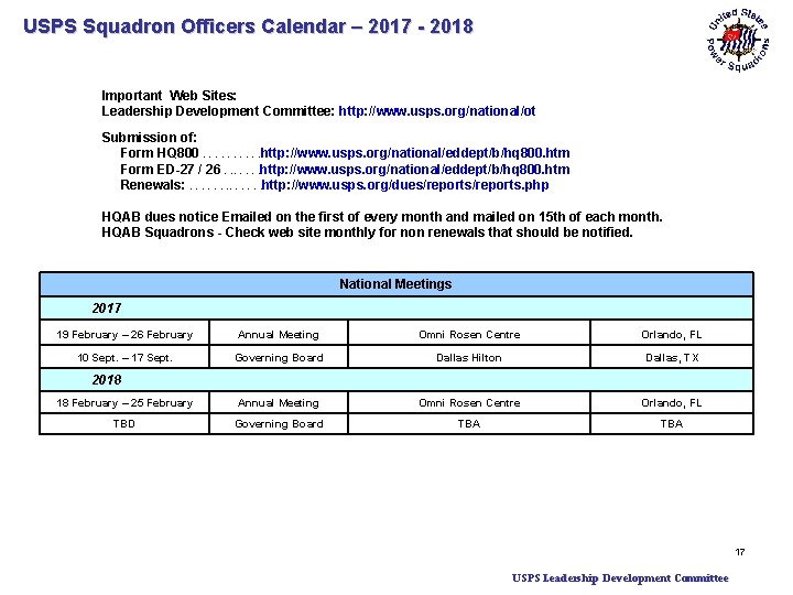 USPS Squadron Officers Calendar – 2017 - 2018 Important Web Sites: Leadership Development Committee: