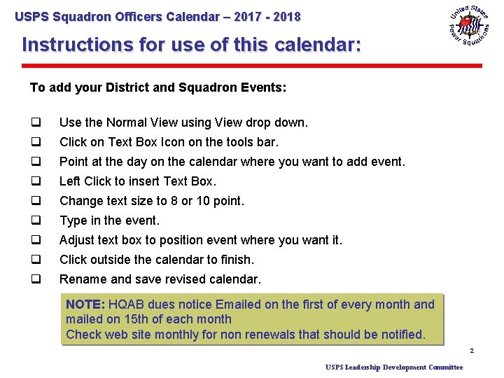 USPS Squadron Officers Calendar – 2017 - 2018 Instructions for use of this calendar: