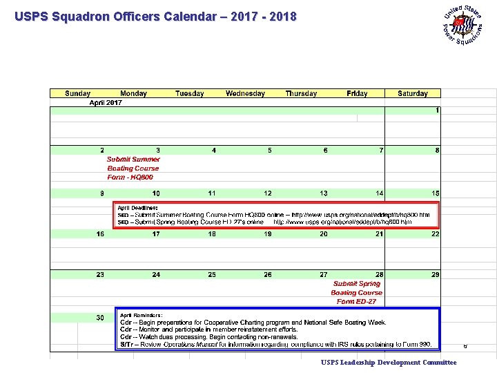 USPS Squadron Officers Calendar – 2017 - 2018 6 USPS Leadership Development Committee 