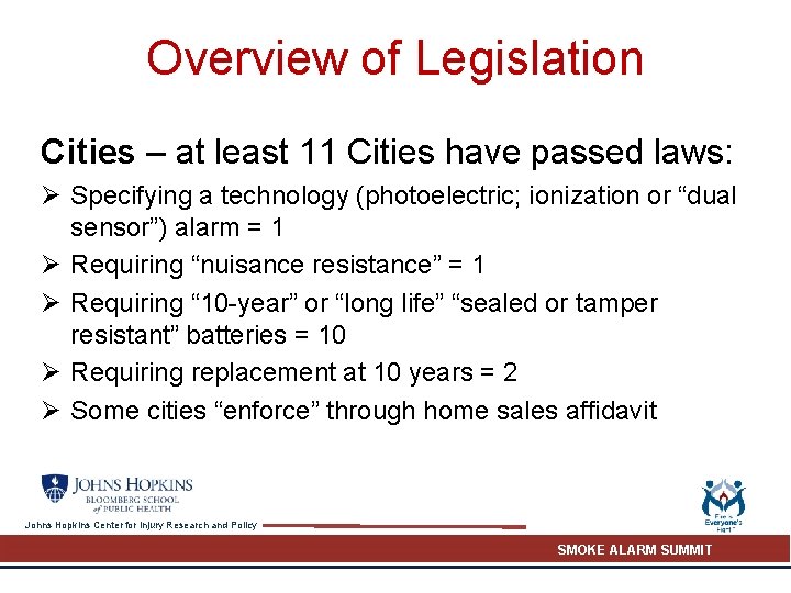 Overview of Legislation Cities – at least 11 Cities have passed laws: Ø Specifying