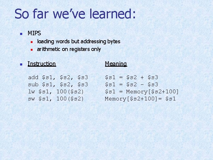 So far we’ve learned: n MIPS n n n loading words but addressing bytes