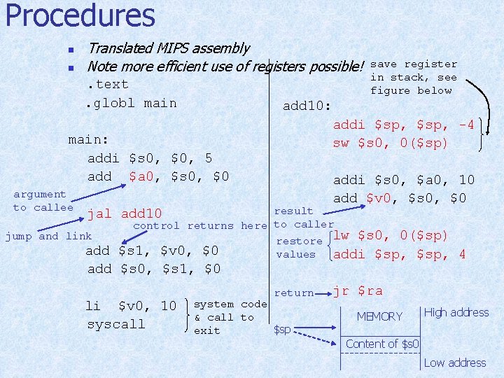 Procedures n n Translated MIPS assembly Note more efficient use of registers possible!. text.