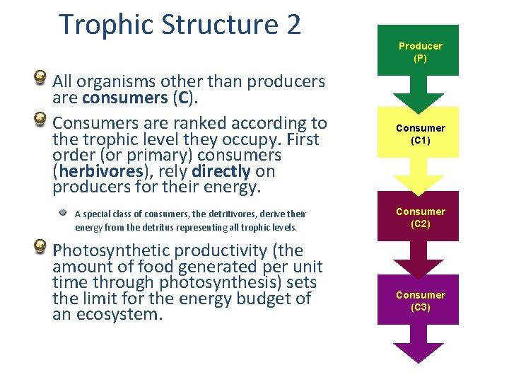 Trophic Structure 2 Producer (P) All organisms other than producers are consumers (C). Consumers